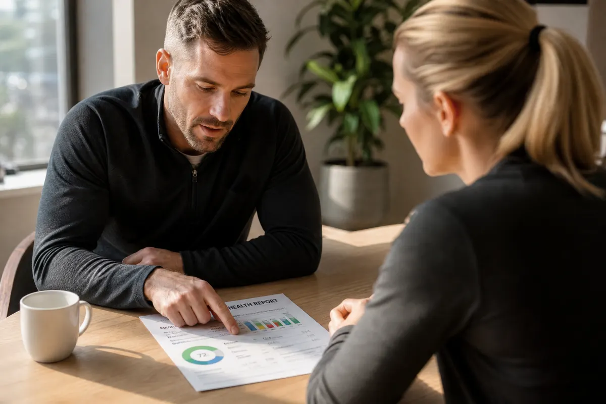 Coach and client reviewing a health report