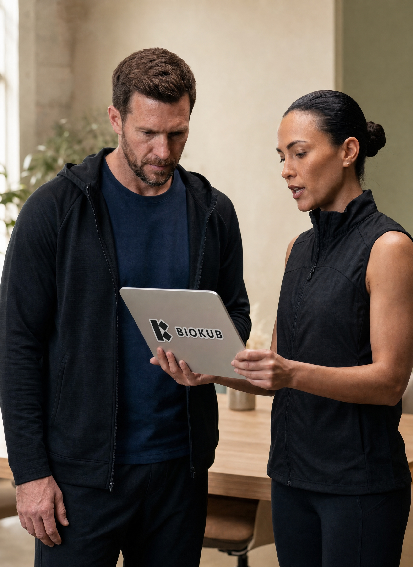 Coach reviewing client data on Biokub
