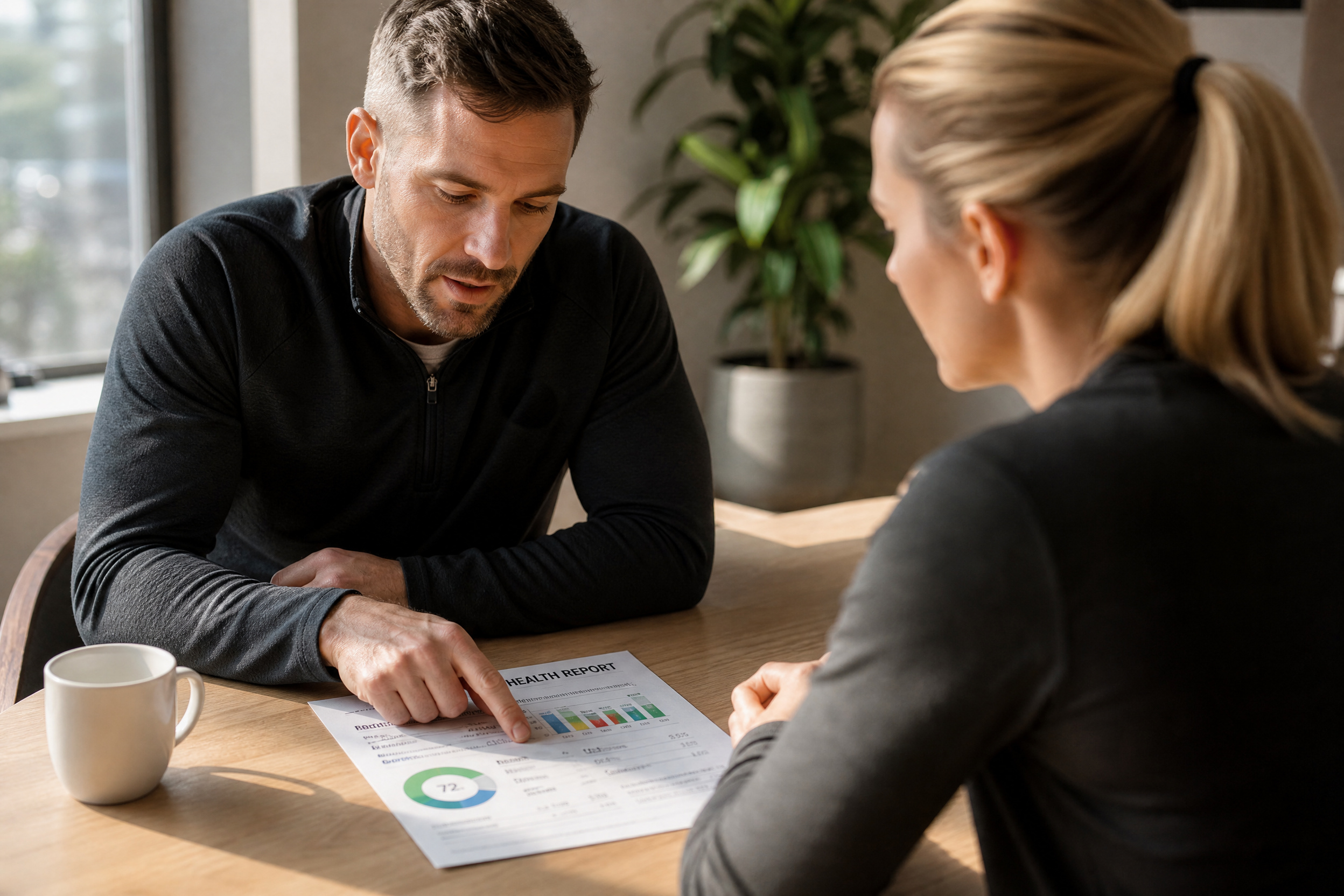 Coach and client reviewing a health report