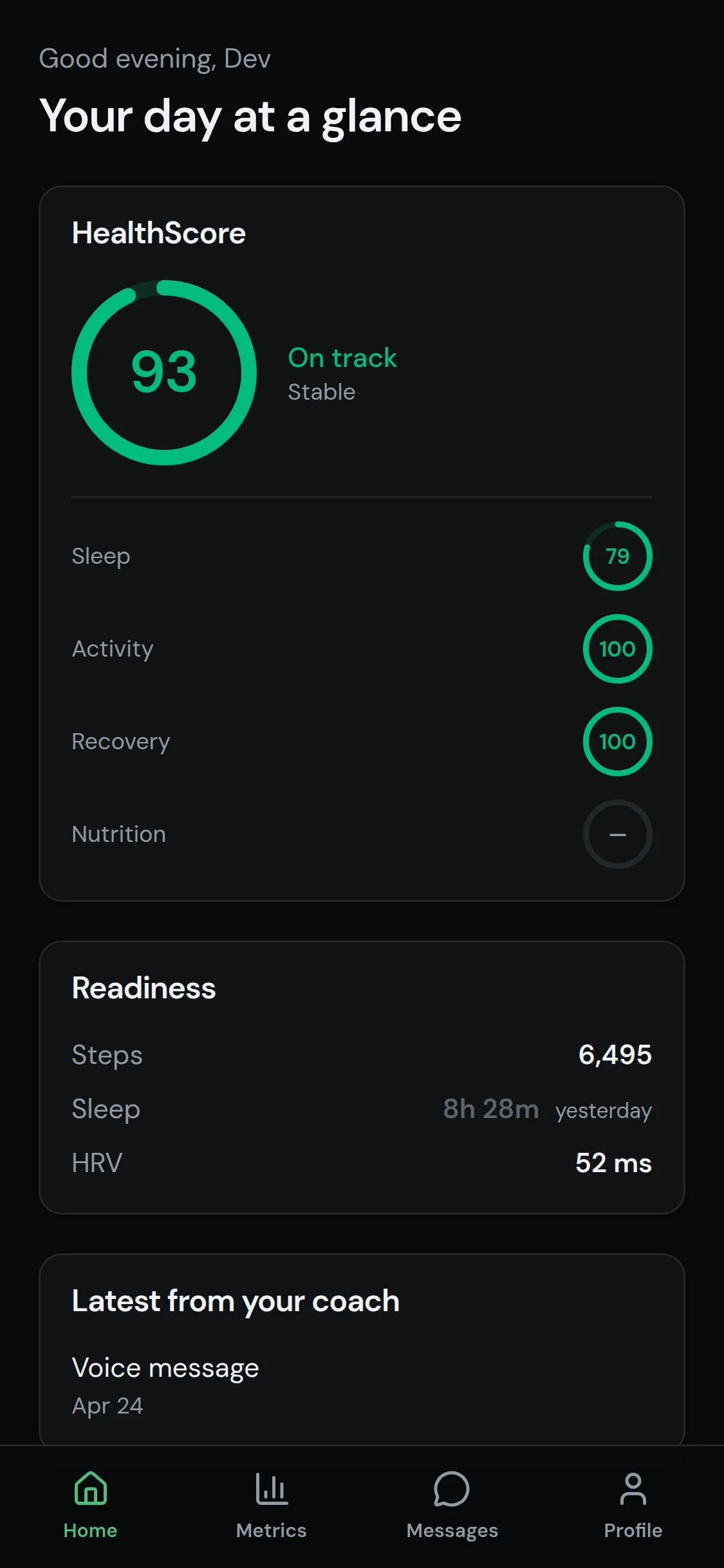 Daily HealthScore, with sleep, activity, and recovery at a glance
